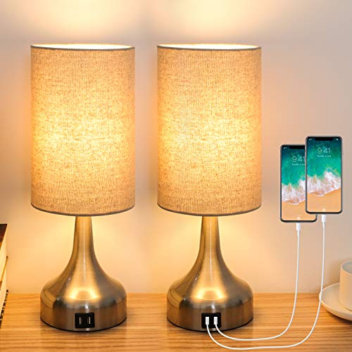 3-Way Dimmable Touch Control Table Lamp w/ USB Charging Port Set of 2 LED Bulb Included