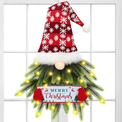 Christmas Wreath for Front Door, Lighted Gnome Christmas Door Wreath, Artificial Santa Xmas Hanging Sign