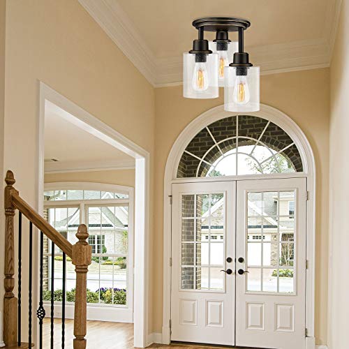 Semi Flush Mount Ceiling 3-Light Fixtures, w/ Clear Seeded Glass Shade