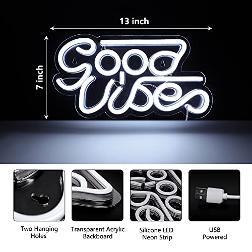 Good Vibes Neon Sign for Wall Decor, Reusable, Powered by USB (White, Pink, Blue)