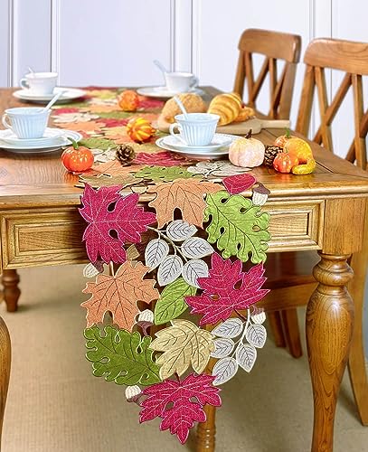 Fall Table Runner 54inches Long, Thanksgiving Harvest Cutwork Embroidered Table Runner 13in x 54in, Autumn Maple Leaves Table Decoration for Home Dining Kitchen Table