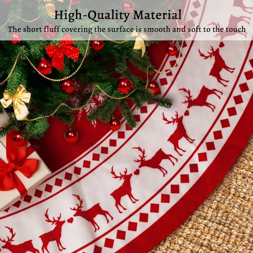 Christmas Tree Skirt Large 48 Inches Christmas Tree Skirt Red Reindeer Snowflakes Xmas Tree Skirts for Winter