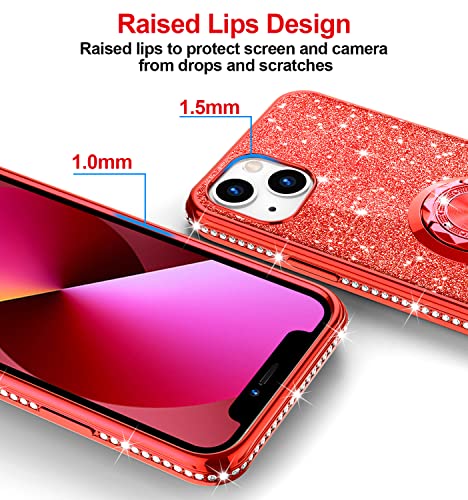 Phone Case for iPhone 13, Glitter Protective Case w/ 360 Degree Ring Stand