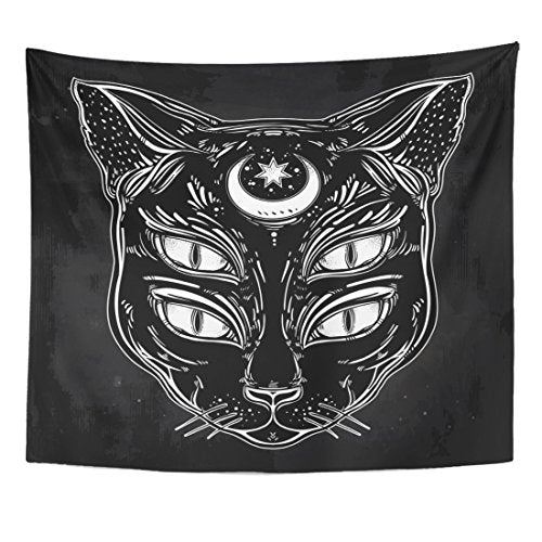 Tapestry Black Cat Head Portrait Moon and Four Eyes Eyed Home