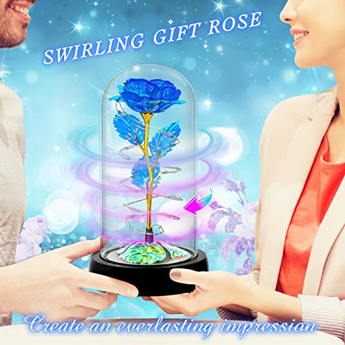 Rotating Romantic Roses Light Up Rose in Glass Dome, Spinning Colorful Artificial Rose Flower Gifts for Her