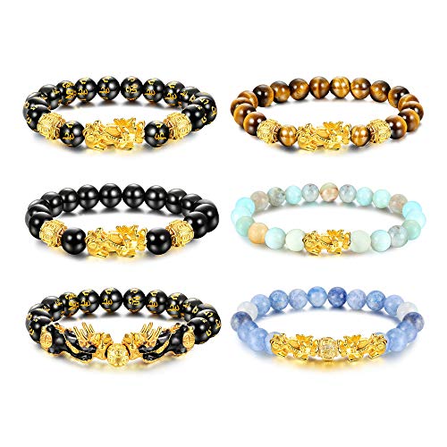 SET OF 6 FENG SHUI PIXIU NATURAL STONE TIGER EYE BEAD PI YAO CHINESE DRAGON CHARM BRACELETS