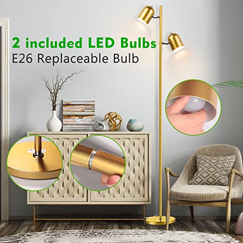 Gold Floor Lamp w/ 2 Adjustable Rotating Lights,  2x5W LED Bulbs Included