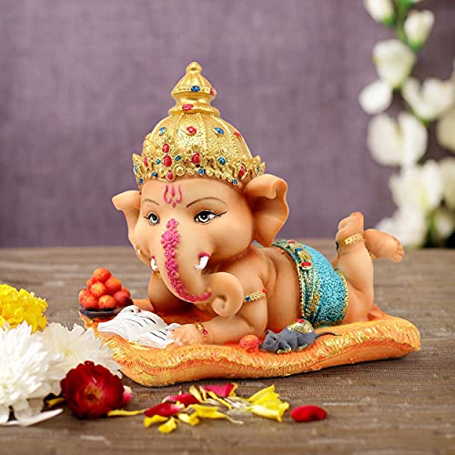 Ganesh Chaturthi Idol for Home | Resin, 5 X 6.2 inch | Handmade Figurine Hindu Decor Ganesha Statues for Office Decoration, Home, Mandir, Temple | Ganesh Chaturthi Gifts