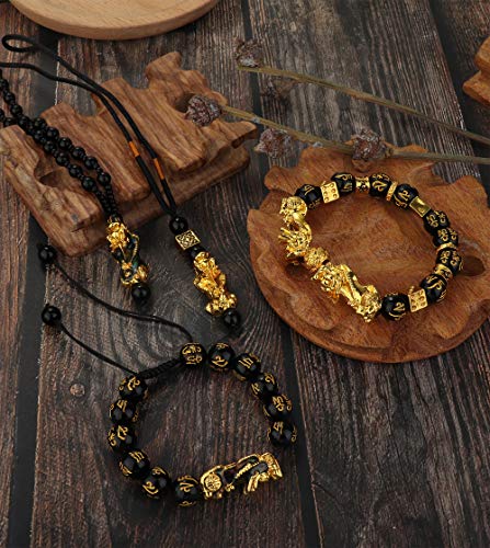 Set of 4 Feng Shui Pi Xiu Pi Yao Bracelet Necklace Set Black Obsidian Wealth Bracelet with Hand Carved Amulet Bead