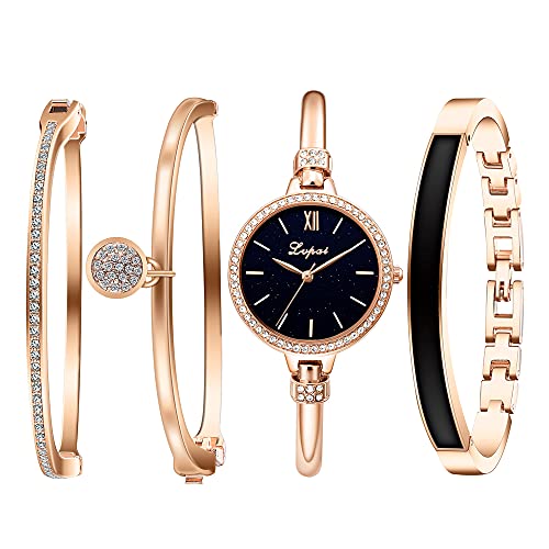 Elegant Rose Gold/Silver Watch & 3 Bracelets Set for Women