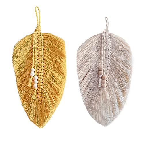 Cotton Macrame Feather Leaf w/  Wooden Beads Wall Decoration