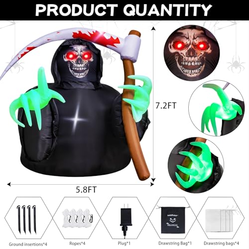 Inflatables Decorations Grim Reaper Outdoor Halloween with Build-in LEDs Blow Up Inflatable
