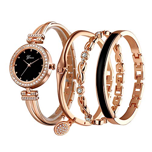 Elegant Rose Gold/Silver Watch & 3 Bracelets Set for Women