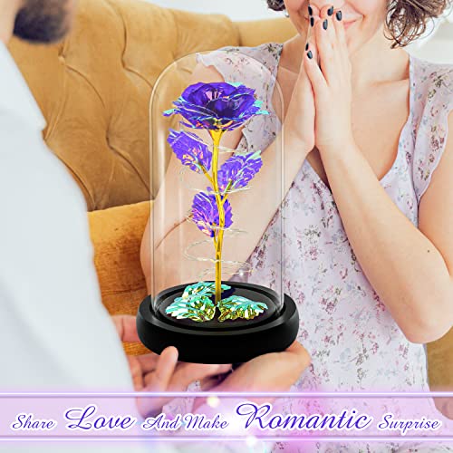 Rotating Romantic Roses Light Up Rose in Glass Dome, Spinning Colorful Artificial Rose Flower Gifts for Her