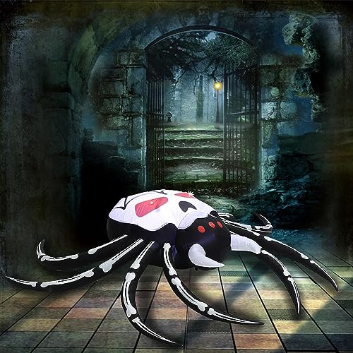 Halloween Inflatable Skull Face Spider Scary Creepy, Blow Up Spider with Built-in LED