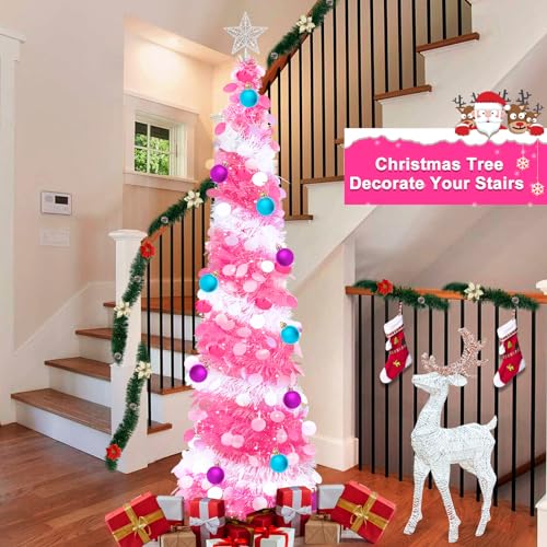 Dual Color Change Lights & Timer - 5 Ft Tinsel Christmas Tree Ball Ornaments Star Pop up Christmas Tree Battery