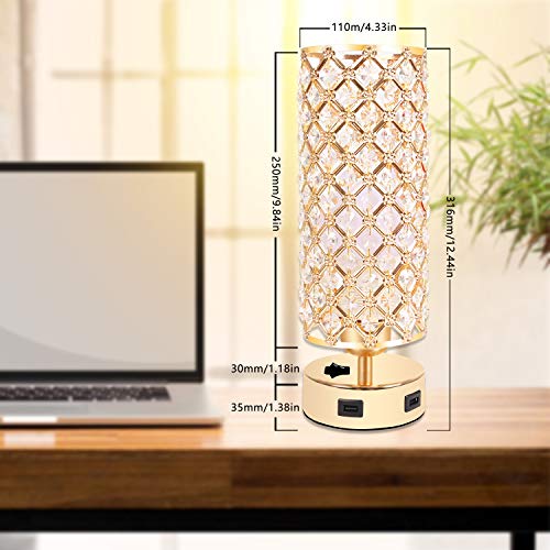 Crystal Gold Table Lamp Set of 2 w/ USB Charging Ports
