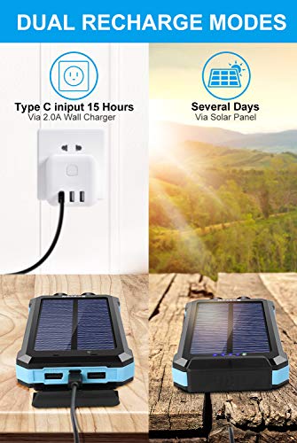 Portable Solar Power Bank for Cell Phone, Dual 5V/2.1A USB Ports Output, 2 Led Flashlight, Perfect for Outdoor Activities