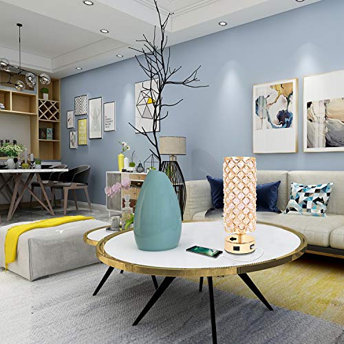 Crystal Gold Table Lamp Set of 2 w/ USB Charging Ports