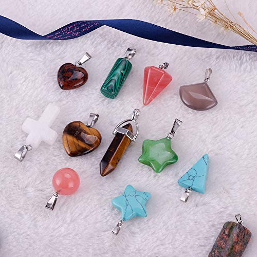 60pcs Natural Stone Pendants Charms Chakra Stone Beads Necklace w/ Leather Cord