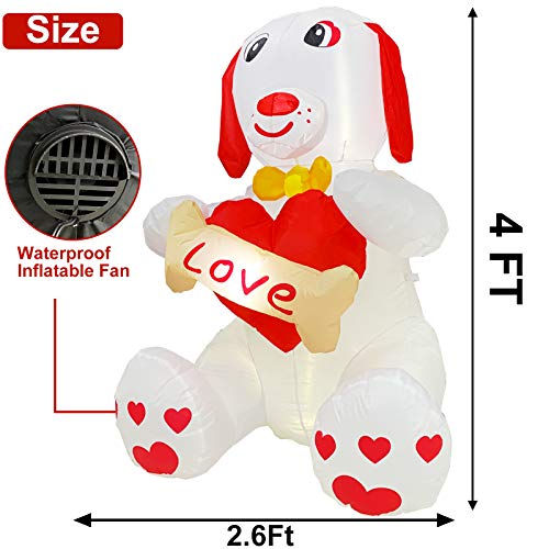 4 Ft Valentine's Day Inflatables  Decoration Blow up Puppy Dog Holds Heart Bones w/ Led Lights