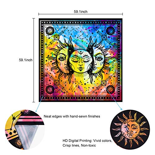 Psychedelic Burning Sun and Moon Colorful Starry Mystic Tapestry