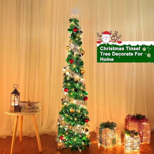 Dual Color Change Lights & Timer - 5 Ft Tinsel Christmas Tree Ball Ornaments Star Pop up Christmas Tree Battery