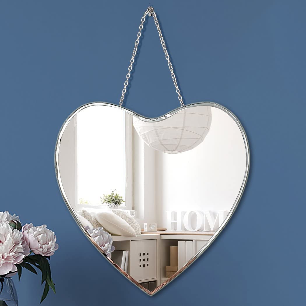 Heart Shaped Mirror with Iron Chain for Wall Decor 12x12 inch Real Glass Frameless