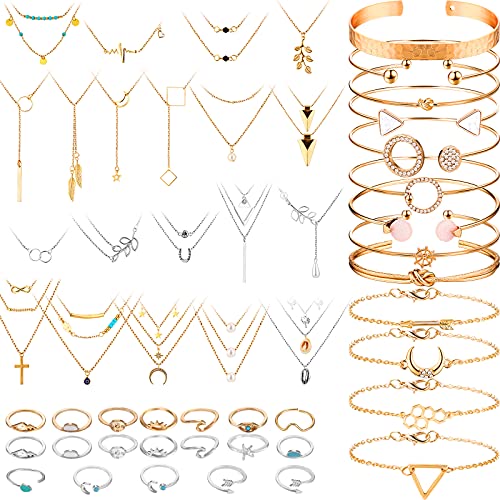 52 Pieces Gold Jewelry Set / Multiple Layered Choker Pendant Necklace Assorted Rings & Bangles for Women