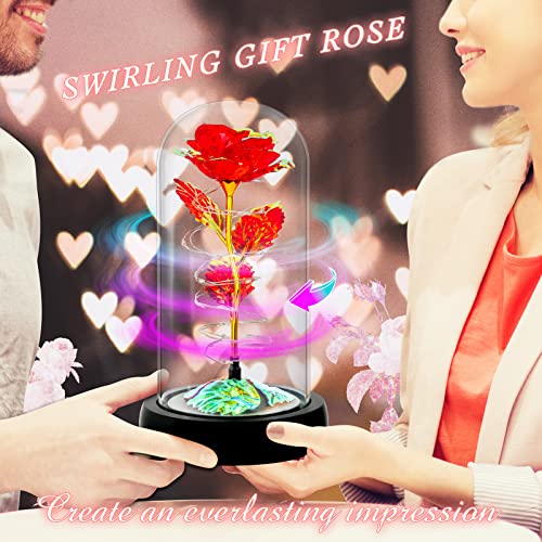 Rotating Romantic Roses Light Up Rose in Glass Dome, Spinning Colorful Artificial Rose Flower Gifts for Her