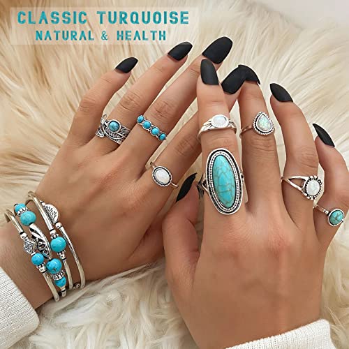 47 PCS Silver Bohemian Jewelry Set With 4pcs Turquoise Necklace,12 pairs Dangle Earrings, 11pcs Stackable Bangle Bracelets, 20pcs Knuckle Rings For Women Girls Vintage Western Boho Turquoise Anniversary Birthday Friendship Gift