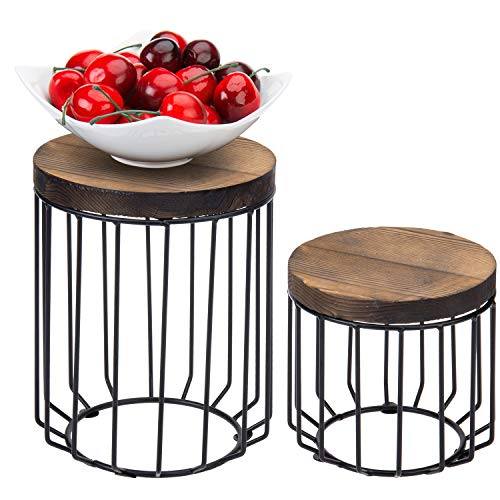 Rustic Brown Burnt Wood & Metal Wire Round Display Riser Stands Set of 2