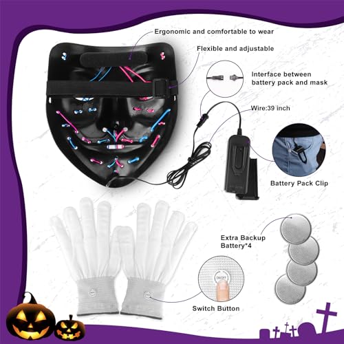 Halloween Mask Skeleton Gloves Set, 3 Modes Light Up Scary LED Mask with LED Glow Gloosture