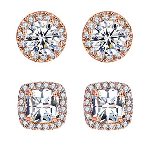 18K White Gold Plated Round Square Cubic Zirconia Simulated Diamond Halo Stud Earrings (2 Pairs)