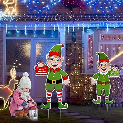 [ Extra Large ] 2 Pack Elf Christmas Yard Signs with Stakes