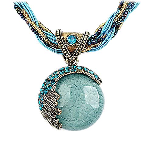 Women Lady Retro Vintage Bohemian Style Twist Woven Rope Chain Turquoise Rhinestone Pendant Collar