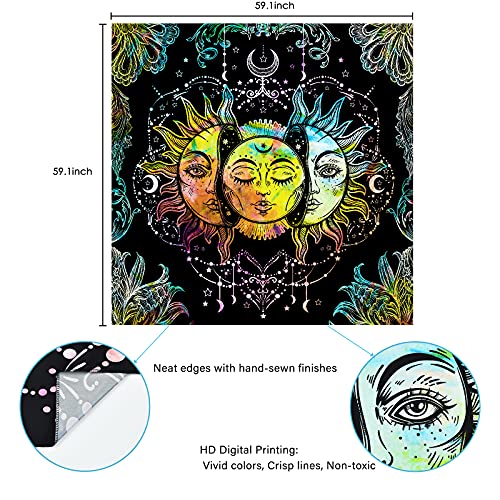 Psychedelic Sun and Moon Burning Sun Black Colorful Moon and Stars Tapestry ( 51.2 × 59.1 inches)