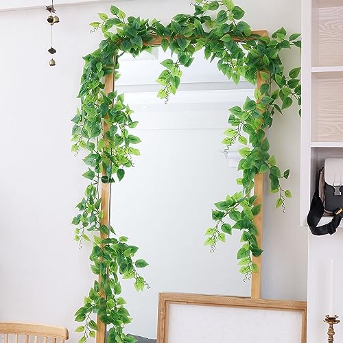 2 Strands Artificial Vines Scindapsus Garland 6FT Real Touch Fake Vine with Silk Green Leaves Faux Hanging Plants