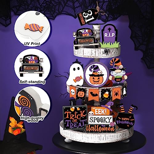 15 Pcs Halloween Tiered Tray  Set Cute  Wooden Signs Farmhouse Rustic