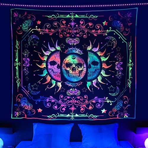 Psychedelic Blacklight Trippy Sun and Moon Stars UV Reactive Skull Tapestry 60x51 inch