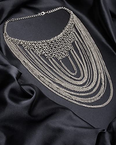 Women's Necklace - Elegant Layered Curb Chain Statement Bib Collar Necklace Costume Jewelry, White