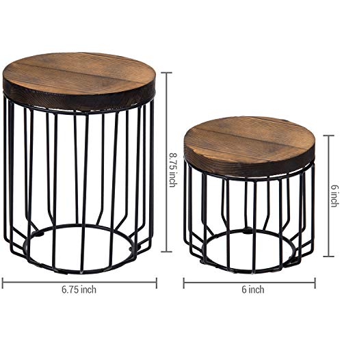 Rustic Brown Burnt Wood & Metal Wire Round Display Riser Stands Set of 2