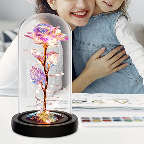 Rotating Romantic Roses Light Up Rose in Glass Dome, Spinning Colorful Artificial Rose Flower Gifts for Her