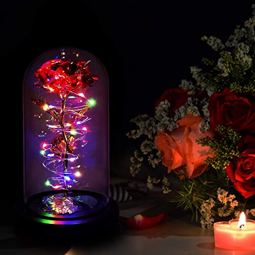 Rotating Romantic Roses Light Up Rose in Glass Dome, Spinning Colorful Artificial Rose Flower Gifts for Her