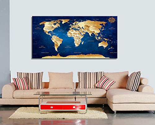 Wall Art Blue World Map Painting Ready to Hang -20" x 40"  Framed