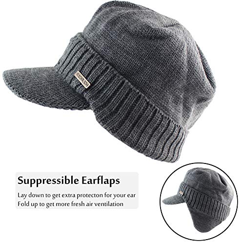 Mens Winter Beanie Visor w/ Earfaps & Fleece Hat Scarf Set