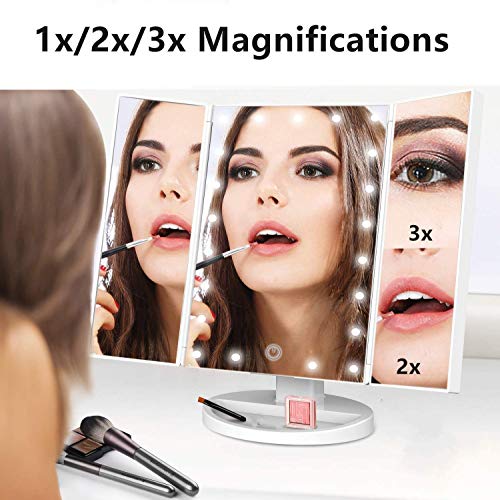 Tri-fold Lighted Vanity Makeup Mirror w/ 3x/2x Magnification, Touch Screen &180 Degree Free Rotation