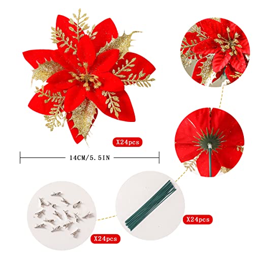 24pcs Poinsettia Artificial Christmas Flowers Decorations w/ Clips & Stem