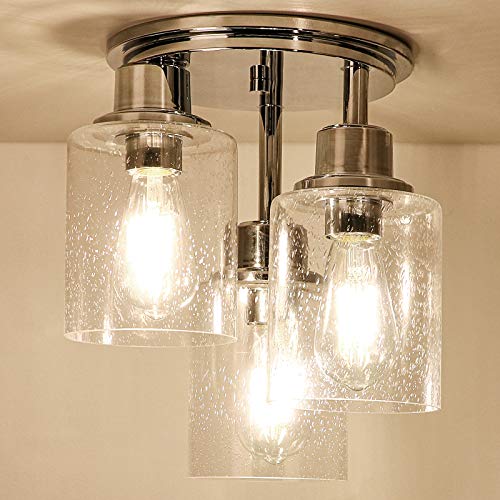 Semi Flush Mount Ceiling 3-Light Fixtures, w/ Clear Seeded Glass Shade