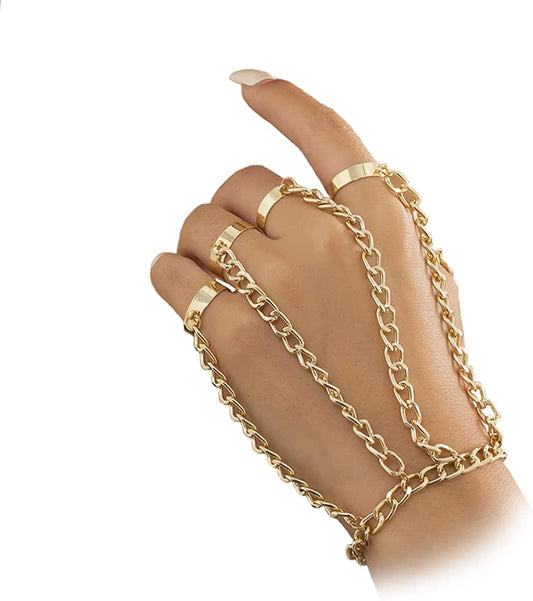 Metal Finger Ring Bracelet for Women Adjustable Chain Hand Harness Bracelet, Gold